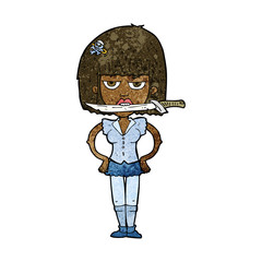 cartoon woman with knife between teeth