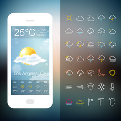 Mobile Weather Application Screen with icon set. Vector forecast realistic design widget