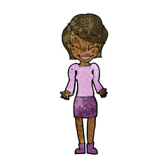 cartoon happy woman shrugging shoulders