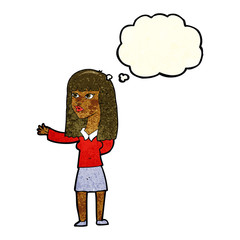 cartoon woman gesturing to show something with thought bubble