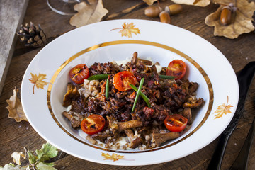 buckwheat with Bolognese sauce, mushrooms