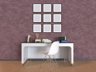 3D illustration a wall with pictures, a table and a chair