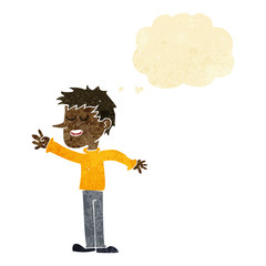 cartoon happy man reaching with thought bubble