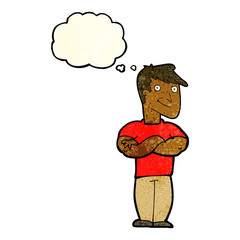 cartoon muscular man with thought bubble