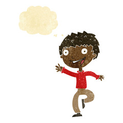 cartoon excited boy with thought bubble