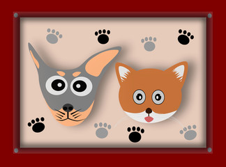 Dog and Cat in picture frame, Illustration