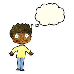 Obraz na płótnie Canvas cartoon excited boy with thought bubble