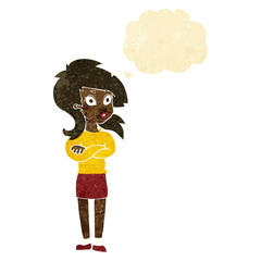 cartoon woman with folded arms with thought bubble