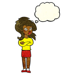 Obraz premium cartoon woman with folded arms with thought bubble