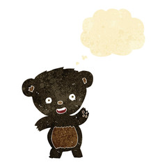 cartoon waving black bear with thought bubble