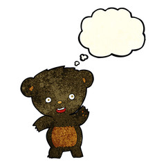 cartoon waving black bear with thought bubble