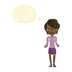 cartoon happy woman shrugging shoulders with thought bubble