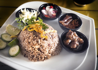 fry rice with the shrimp paste and side dishes , Thai food