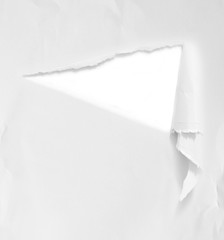 close up of a white ripped piece of paper on white background