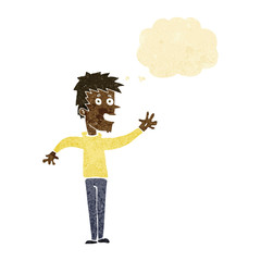 cartoon happy boy waving with thought bubble
