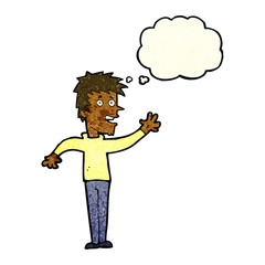 cartoon happy boy waving with thought bubble