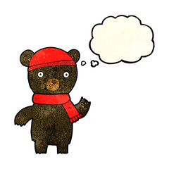 cartoon waving black bear with thought bubble