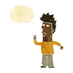 cartoon man giving peace sign with thought bubble