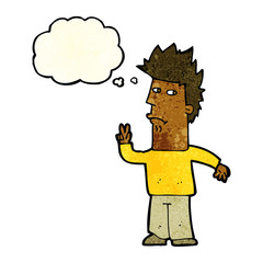 cartoon man giving peace sign with thought bubble