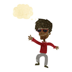 cartoon waving cool guy with thought bubble