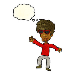 cartoon waving cool guy with thought bubble