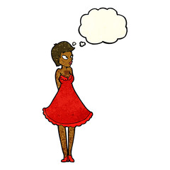 cartoon pretty woman in dress with thought bubble