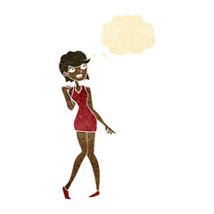 cartoon woman in cocktail dress with thought bubble