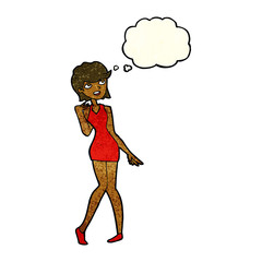cartoon woman in cocktail dress with thought bubble