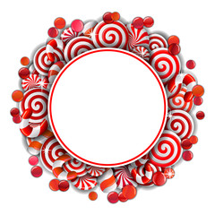 Frame with red and white  candies.