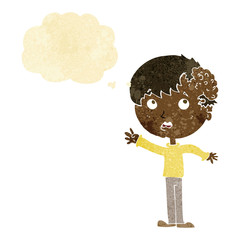 cartoon boy with growth on head with thought bubble