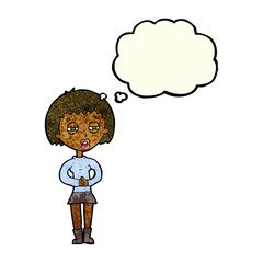 cartoon suspicious girl with thought bubble