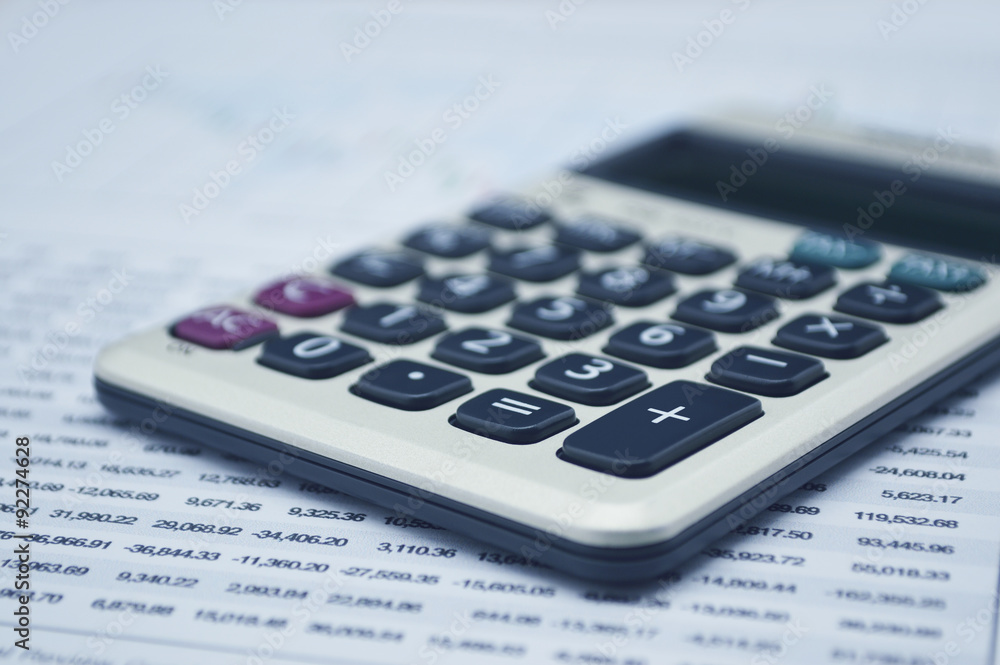 Poster calculator button plus on graph paper, accounting background
