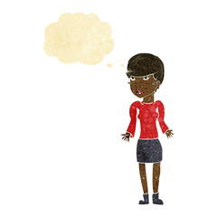cartoon confused woman with thought bubble