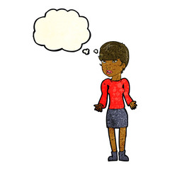 cartoon confused woman with thought bubble
