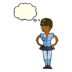 cartoon woman with hands on hips with thought bubble