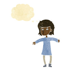 cartoon nervous woman with thought bubble