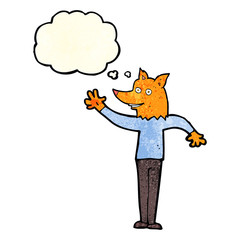 cartoon waving fox man with thought bubble