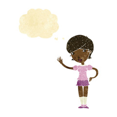 cartoon girl waving with thought bubble