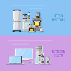 Kitchen appliances and electronic devices horizontal banners. Flat style vector illustration.