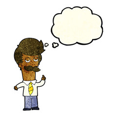 cartoon man with mustache explaining with thought bubble