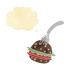 cartoon fork and burger with thought bubble