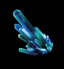 blue green crystals, geological shapes, 3d object isolated on black