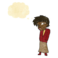cartoon woman with hands in pockets with thought bubble