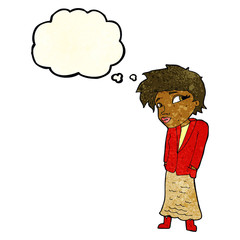 cartoon woman with hands in pockets with thought bubble