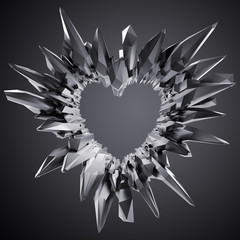 3d black crystal heart illustration, crystallized object, abstract shape