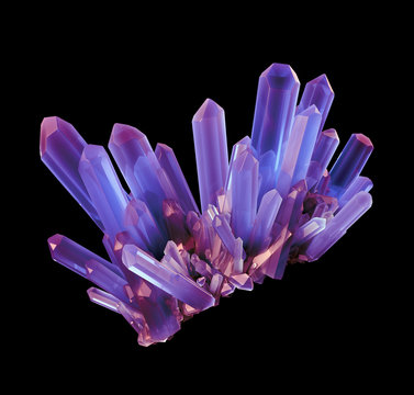 3d amethyst crystal, abstract faceted gem, nugget illustration isolated on black