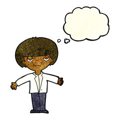 cartoon smug boy with thought bubble