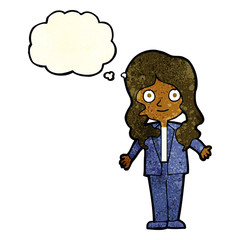 cartoon friendly business woman with thought bubble