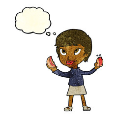 cartoon woman eating hotdogs with thought bubble