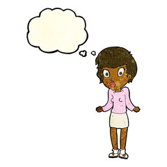 cartoon woman shrugging shoulders with thought bubble